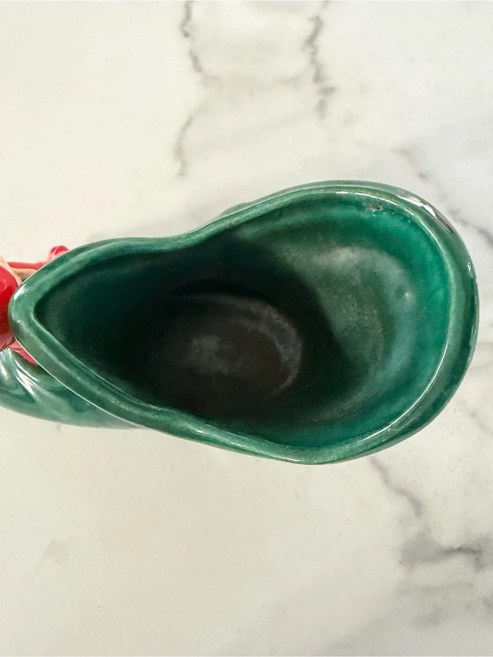 Vintage mid century ceramic pixie elf on a green boot 1950s